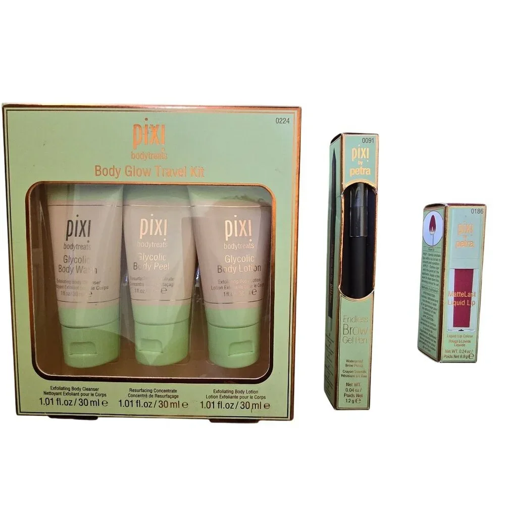 Pixi By Petra Beauty Set: Body Glow Travel Kit Endless Brow Gel Pen & Shea Butte